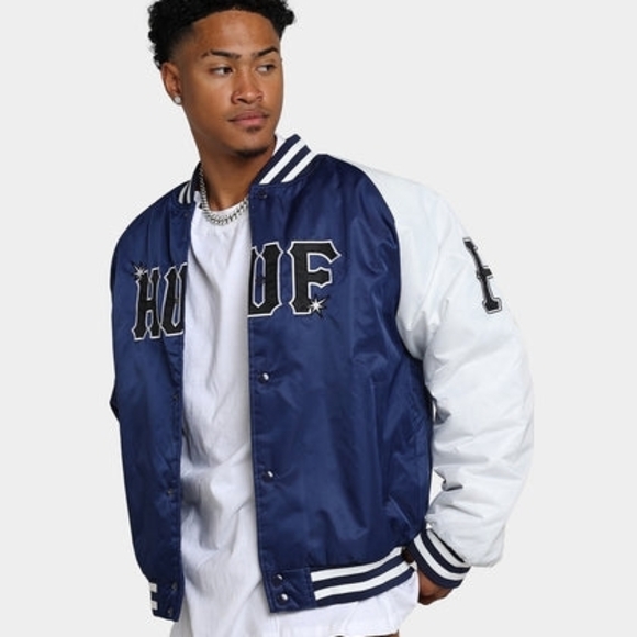 HUF Bomber Jacket Blue & White Varsity Baseball Streetwear Letterman Style Y2K